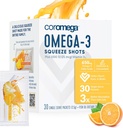 Coromega Omega 3 rybí olej doplnok s prídavným vitamínom D3, 650 mg Omega-3s s 3X Lepšie vstrebávanie ako softgels, Tropical Orange flavor, 30 single Serve Squeeze pakety
