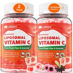 Lipozomálny vitamín C 1000 mg Plné Gumičky pre dospelých a deti 9+, 1660mg Blend w/Echinacea, bazy, D3, Zinok, Železo, Bioflavonoid, Astaxantín, Prírodné organické žuvacie vitamín C, bez cukru, 2Pack
