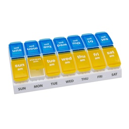 EZY DOSE Týždenný Usporiadateľ tabletiek AM/PM, 7-dňový vitamínový a liečebný box s veľkými pop-out oddeleniami, 2 krát denne pilulky pre jednoduché dávkovanie, žlté a modré Lids, Travel-priateľsky dizajn