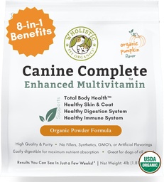 Wholistic Pet Organics Psie kompletný - Psie multivitamín prášok - 4 Lb - Denné psie vitamíny a doplnky pre domáce potraviny - imunitný systém, koža, kabát a celkové zdravie - malé a veľké plemeno