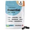 Komplement Essential Vegan Multivitamín pre mužov a ženy (60 dávok, 180 kapsúl) s Omega-3 DHA a EPA, B12, vitamín D3 & K2, zinok, selén, horčík, jód - podporuje imunitu a celkové zdravie