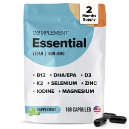 Komplement Essential Vegan Multivitamín pre mužov a ženy (60 dávok, 180 kapsúl) s Omega-3 DHA a EPA, B12, vitamín D3 & K2, zinok, selén, horčík, jód - podporuje imunitu a celkové zdravie