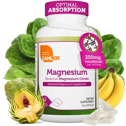 Zahler - Magnézium Supplement Kapsule 200 mg (60 gróf) Certified Kosher Bioactive Magnézium Citrate for Max Absorbtion - Natural Magnézium Minerál pre mužov a ženy - Najlepšie horčíkové doplnky