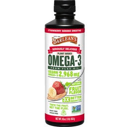 Barlean's Vegan Omega 3 6 9 Ľanový olej Liquid Supplement, Jahodový banánový smoothie, Ľanový olej s 2,968 mg ALA mastné kyseliny, non-GMO a lepidlo bez, 16 oz