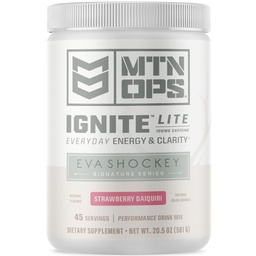 MTN OPS Ignite Lite Energy Drink prášok lepok bez obsahu oxidu dusnatého doplnok nápoj Mix, L arginín, L citrulín, kofeín a nootropný bezcukrový nápoj Mix, 45 servings, jahodový Daiquiri chuť Eva Shockey