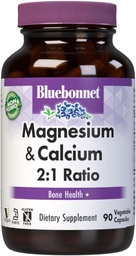 Bluebonnet Nutrition Magnézium & Calcium 2:1, Bone Health*, Non-GMO, Vegan, Kosher Certified, Gluten-Free, Soy-Free, Dairy-Free, 90 Rastlinné kapsule, 30 Servisov