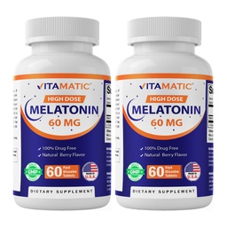 Vitamatic Melatonin 60 mg tablety s rýchlym rozpustením - 60 Vegan Natural Berry Flavor Tablets - Non-Habit forming - Non-GMO, Gluten Free (2 fľaše)