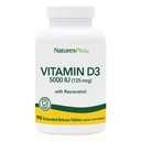 Príroda Plus vitamín D3, rozšírené uvoľňovanie - 90 Vegan Tablety - 5000 IU + 25 mg Trans- Resveratrol - zdravie srdca a kostí, podpora imunitného systému, anti-Aging - bez lepku - 90 Servisov