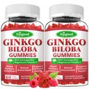 2 balenie Ginkgo Biloba Gummy s Panax ženšen a horčík, Ginkgo Biloba Doplnky pre zameranie, pamäť, a mozog zdravie pre dospelých a deti, Vegan Malinová chuť Gummy, 120 Počet