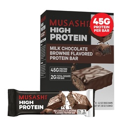 MUSASHI High Protein Bar, 45g Protein, 2g Total Sugars, Milk Chocolate Brownie, Post Workout a Protein Snack On The Go, 12 Balenie po 3,2oz (90g) Bars