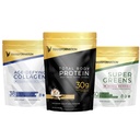 Transformácia Vanilkový proteín prášok 30G Multi-Protein Superblend + Grass-Fed Hydrolyzed Collagen Peptidy prášok- vlasy, koža, nechty + Organic Super Greens Superfood prášok- Immune & Energy Support