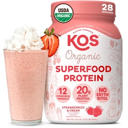 KOS Vegan Protein Powder, Jahody & Cream USDA Organic - Low Carb Pea Protein Blend, Plant Based Superfood with Vitamíny & Minerals, Gluten Free - náhrada jedla pre ženy a mužov - 28 Servings