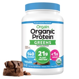 Orgain Organic Vegan Protein Powder + Greens, Krémová čokoláda Fudge - 21g Plant Based Protein, Gluten Free, Dairy & Laktóza Free, Soy Free, No Sugar Pridané, Železo & Prebiotiká pre zdravie Gut - 1.94lb