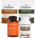 Real Huby RealBoost (60ct), Lions Mane (120ct), Cordyceps & Turkey Tail Mushrom Powder & Capsules Bulle - Huba Supplement for Energy, Vitality, Endurance & Cognition - Vegan, Non-GMO