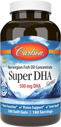 Carlson - Super DHA Gems, 500 mg DHA Supplements, 640 mg Mastné kyseliny, Wild-Caught Norwegian Arctic Omega 3 Fish Oil Supplement, Udržateľne Zdroj Fish Oil Capsules, 180 Softgels