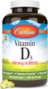 Carlson - vitamín D3, 4000 IU (100 μg), zdravie kostí a imunity, cholekalciferol Supplement, kapsuly bez gluténu vitamín D, 360 softgelov