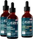 E2H: Reishi (2 balenia) & Lion's Mane Extracts - Energy, Longevity, Cognitive Sharpness, Imunity - Non-GMO, Vegan - 2 Fl Oz Each (6 Fl Oz celkom) - Bundle