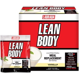 Labrada Lean Body MRP All-In-One Vanilla Strava Replacement Shake, 40g Protein, Srvátka Blend, 8g Zdravé tuky EFA & Fiber, 22 Vitamíny a minerály , Žiadna umelá farba, bez lepidla, (42 paketov)