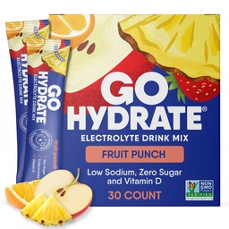 GoHydrate Instant Hydratácia Powder Pakets - Nízky sodík Electrolytes Drink Mix - Prírodná hydratácia Podpora, Bezcukrový Electrolyt Ochutený prášok Nápoj s vitamínom D, 30 Balíčky, Ovocie Punch