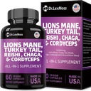 Lions Mane 3000mg, Turkey Tail 3000mg, Reshi 1000mg, Cordycps 10o0mg, Chaga 1000mg, Maitake Meshima Poria Cocos Shiitake Oyster Porcini Enoki s Mushrom Supplement, 60 Kapsule