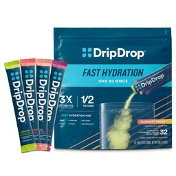 DripDrop Hydratačné balíčky - Sunburst Variety Pack - Single Serve Electrolytes Powder Drink Mix - Citrónová vápno, Strawberry, Peach, Black Cherry - Non-GMO, Gluten Free, Vegan - 32 Sticks