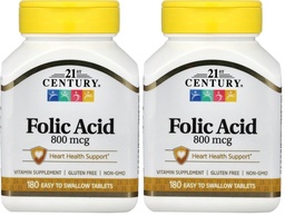 21st Century 800 mcg Tablety kyseliny listovej, triedené, 180 Počet (Stock of 2)