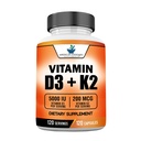 American Standard Doplnky Vitamín D3 5000 IU (125mcg) Plus vitamín K2 (MK7) 200mcg Per Kapsule - bez lepku, Non-GMO, 120 kapsúl, 120 porcií, 120 dní