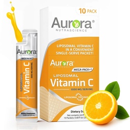 Aurora Nutrascience Mega-Pack Lipozomálne vitamín C, Immune Support, 3,000 mg Per Serving, Vegan, Gluten Free, Non-GMO, 10 Single Serve Pakets, Orange