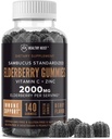 Sambucus Black Elderberry Gummies s zinkom a vitamínom C, 140 Gummies, Žuvacia imunitná podpora pre dospelých a deti, Non GMO, Kosher, pektín, Vegan, Delicious Berry Flavor
