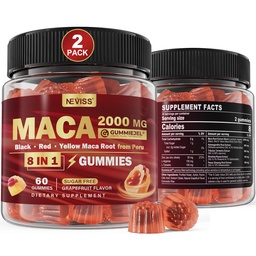 2 balenie bez cukru Maca Root Gummies 2000mg s Ashwagandha, Tribulus Terrestris, Rhodiola, Panax Ginseng, L Arginine & L Tyrozine - Organic Black Red Yellow Maca Root pre ženy Muži Energetická podpora