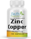 PACIFIC NATURE Zinok meď doplnok (150 kapsuly) s 50 mg zinku glukonátu, 2 mg síranu meďnatého pre imunitnú podporu - bez lepku, non-GMO