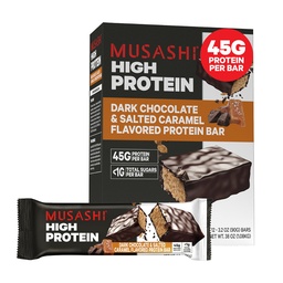 MUSASHI High Protein Bar, 45g Protein, < 1g Total Sugars, Dark Chocolate & Salted Caramel, Post Workout and Protein Snack On The Go, 12 Balenie po 3,2oz (90g) Bars