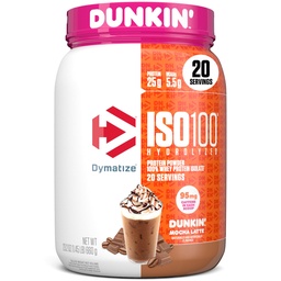 Dymatizovať x Dunkin' Mocha Latte ISO100 Srvátkový proteínový prášok, 95 mg kofeínu, 25g proteínu, 5,5g BCAA, 120 kalov, bez lepku, 1g tuku, 1g cukru, 3g Carb (20 porcií)