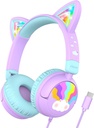iClever Kids Slúchadlá USB C, LED svetlo hore, 85dBA bezpečný objem, Stereo zvuk Batoľa Slúchadlá pre Travel School, Deti Slúchadlá s Cord pre iPad tablety, Meow Lollipop-Purple
