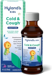 Hyland's Kids Cold and Cough, Nighttime Grape Plavor Cough Sirup Medicine for Kids Age 2 and up, Decongestant, Sore Throat, and Sleepless Relief of Common Cold Symptómy, 4 Fl Oz