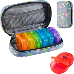 Serfeymi Travel Pill Organizátor 2 Časy A deň AM Upgrade Rainbow Pill Box 7 Deň s prenosným Zipper PU kožené Pilulky Prípad, Medicína Organizátor pre pilulky, Vitamíny, Rybie oleje - Floral 02