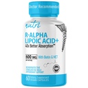 Nutri R Alpha Lipoic Acid 600 mg kapsuly - R Kyselina lipová Stabilizovaná s biotínom - aktívna forma R-ALA - 600 mg Klinické dávkovanie - Výkonný Cellular Energy Support - 60 Vegánskych kapsúl - RALA
