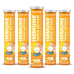 nutrazul Immune Triple Action Šumivé tablety s vitamínom C 1000 mg, vitamínom D, zinkom, podpornou dennou rutinou, bez lepidla, bez cukru, bez laktózy, Orange flavor, 20 tabliet (Stock of 5x20)