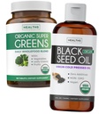 Super Greens & Black Seed Oil (3-Month Supply) Herbal Oil Bundle of Organic Super Greends Powder - Complete Superfood (180 Kapsule) & Organic Black Seed Oil Liquid - Za studena lisované (8 fl oz)