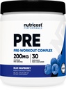 Nutricost Powder Pre-Workout Complex (30 Servings, Blue Raspberry) - Doplnok pre cvičenie s Beta-Alanine, taurín a aminokyseliny