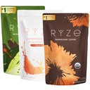 RYZE SUPERFOODS Ultimate Energy Bundle, USDA Organic Mushroom Coffee & Mushroom Matcha + Probiotic Creamer s 6 Adaptogenic Huby pre lepšiu energiu, Focus, Trvanlivosť, Imunity, 30 slúžiace každý