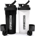 Utopia Home Shaker Bottle 2 Pack - 24 Ounce Plastic Protein or Cocktail Shaker Bottle for Pre & Post workout with Twist & Lock Protein Box Storage (All Black & Clear/Black)
