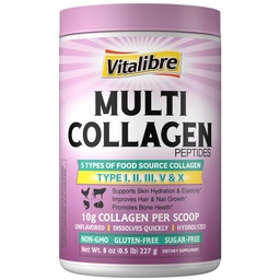Multicollagen Peptidy Powder Type I II III V X, Hydrolyzovaný kolagén Proteín pre ženy a mužov, Koža, vlasy, nechty, Neochutené, NeGMO, Keto & GF, Zero Cukor, 22 Servings, 8oz