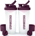 Utopia Domov Fľaša na pretrepanie 2 balenia - 24 Ounce Plastový proteín alebo Cocktail Fľaša na pretrepanie pred a po tréningu s Twist & Lock Protein Box (Clear/Plum)