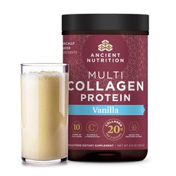 Staroveká výživa Kolagén Peptidy prášok, Multi kolagén Protein, Ženy a muži, Vitamín C, Probiotiká, Hydrolyzovaný kolagén, Podporuje pokožku, kĺby, Gut Health, Vanilka, 24 Servivné