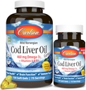 Carlson - Cod Liver Oil Gems, 460 mg Omega-3s + Vitamíny A a D3, Wild-Caught Norwegian Arktic Cod Liver Oil, Udržateľne Zdroj Nordic Fish Oil Capsules, Lemon, 180 Softgels