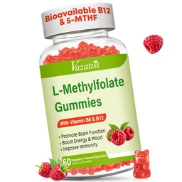 L-metylfolát 15 mg Gummy s metylom B12, Folate Supplement for Mood, Brain Health, Immune Support, Malinová príchuť, 60 Počet